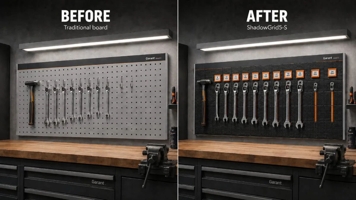 Before and after tool wall organization with ShadowGrid5-S visual tool control